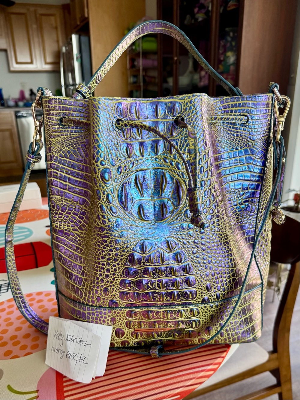 Brahmin Marlowe Illuminate Iridescent Croc-Embossed Bucket Drawstring Bag